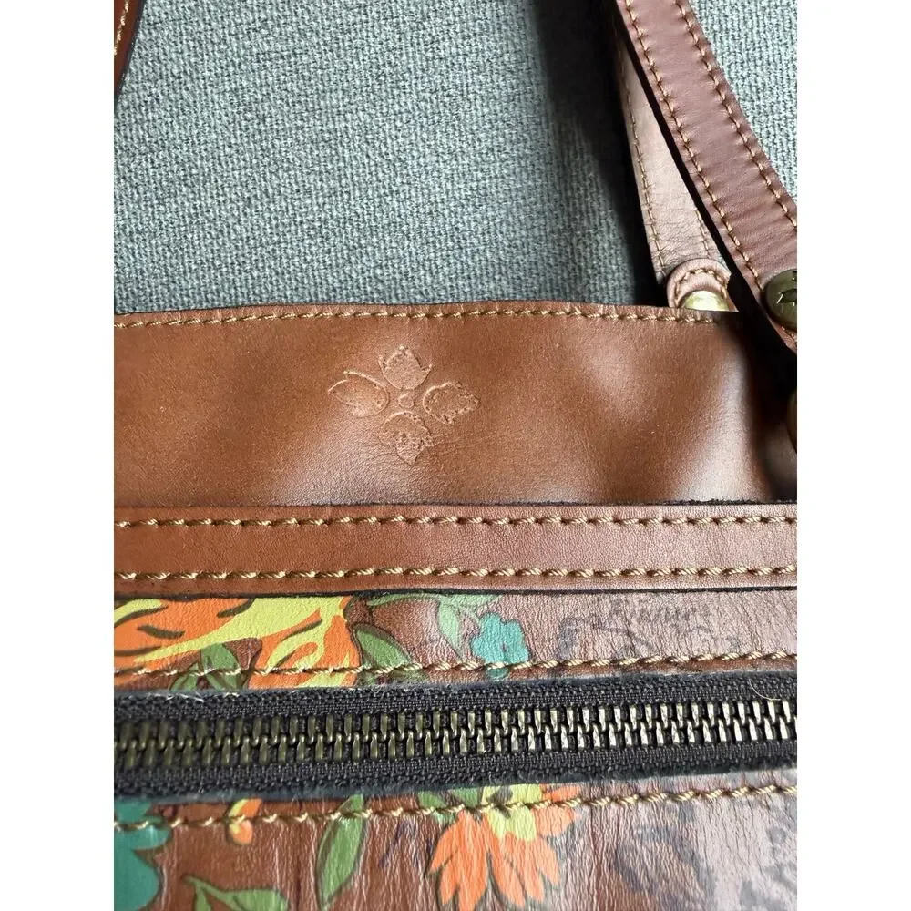 Patricia Nash Poppy Leather Boho Tote Shoulder Bag Floral Bird Map Print Tan